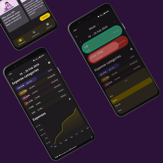 Vrid insights screen showing colorful spending breakdown charts and graphs on mobile phone, bright airy white background with clear data visualization