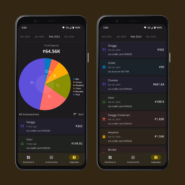 Vrid expense tracker screen showing list of auto-logged transactions from bank SMS on mobile phone, clean white interface with green accent colors