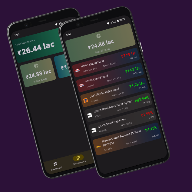 Vrid investment tracker screen showing portfolio overview with mutual funds and stocks breakdown on mobile phone, bright clean interface